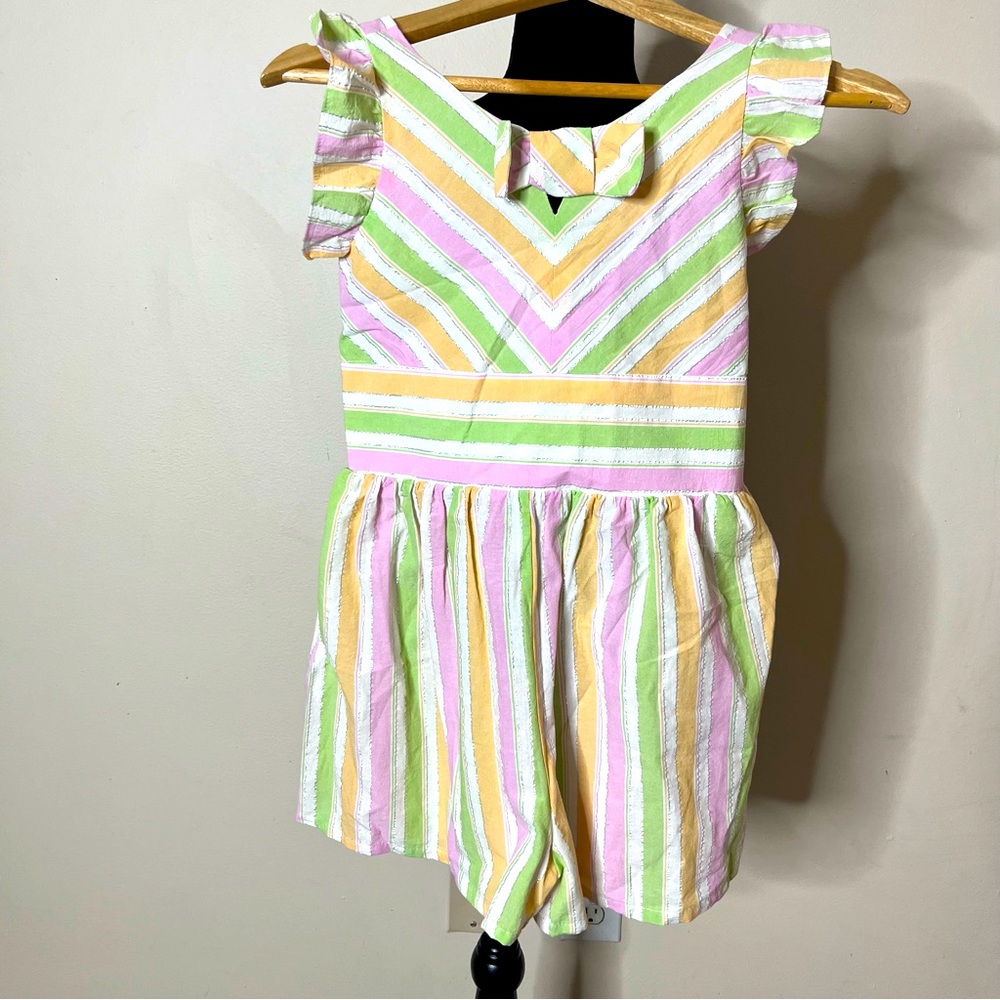 Girls Sz 12 Bonnie Jean Pink Green Yellow Striped Bow Ruffle Cotton Romper Sz 12